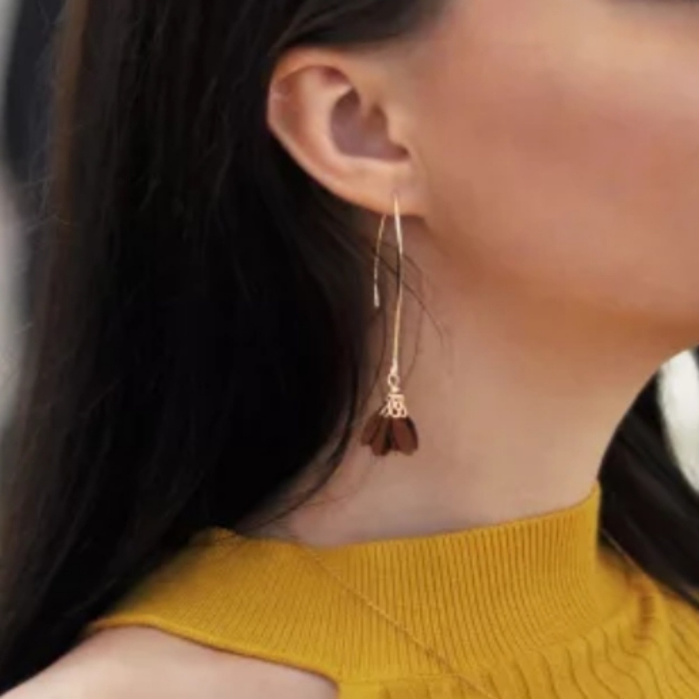 Long Gold & Brown Flower Color Boho Gypsy Earring - Picture 6 of 7